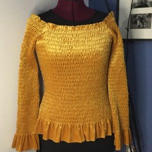 Gold velvet Bell sleeve ruffle stretch off shoulder long sleeve top size M